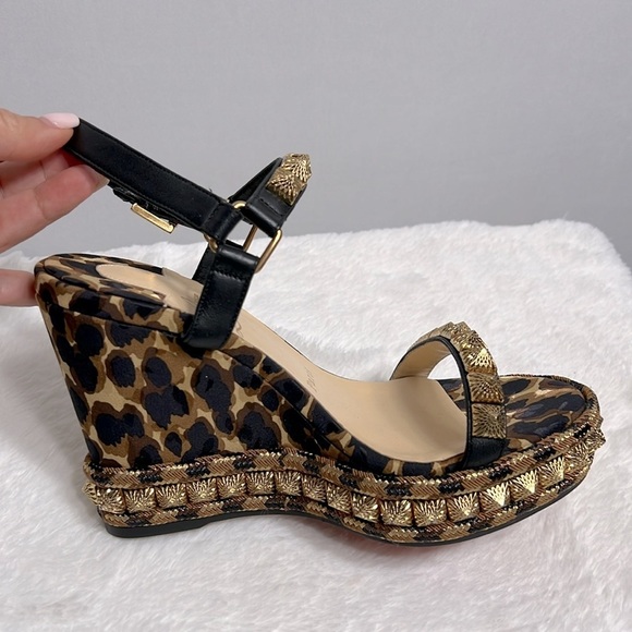 Christian Louboutin Nappa Leopard Pira Ryad 110 Wedge Sandal Black Marron 35 - Picture 7 of 13